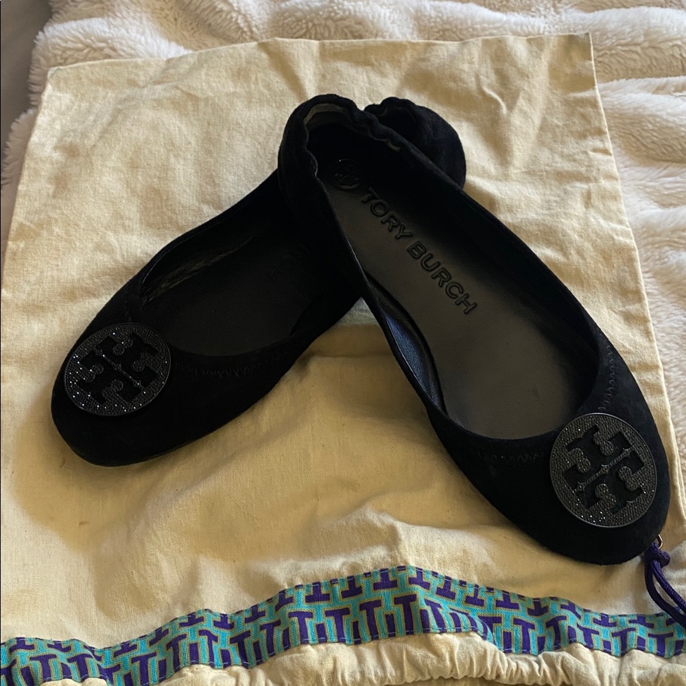 Tory Burch Black Flats with Logo Detail